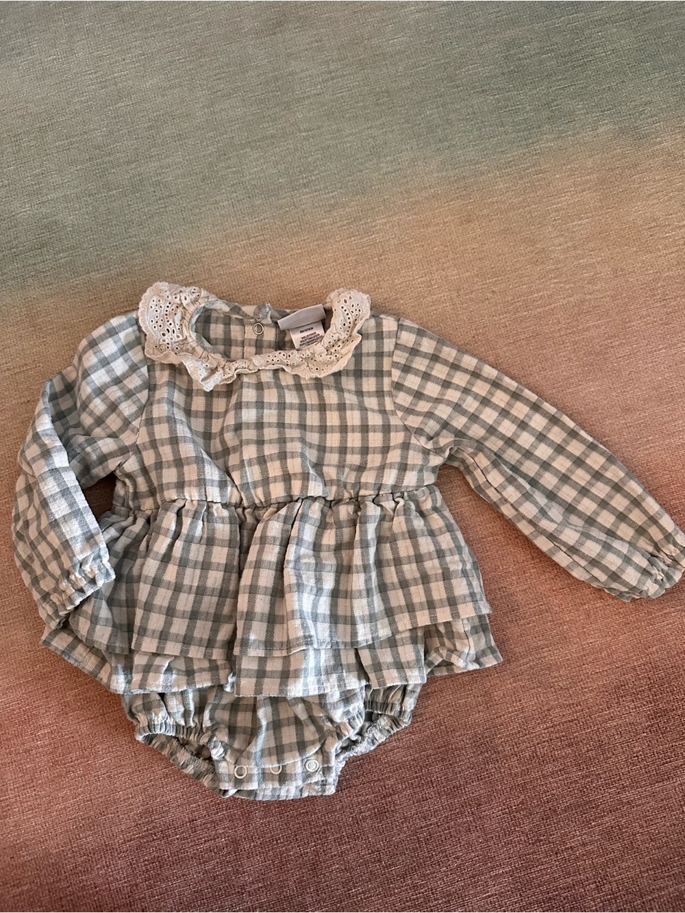 Baby Girl Plaid Ruffle Romper with Lace Collar - Sage & Cream